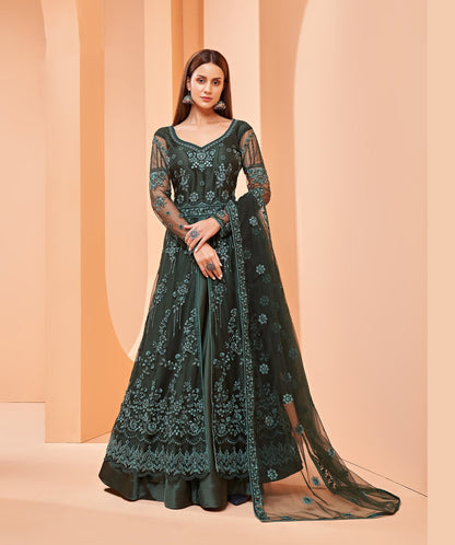 Dark Green Indo Western Net Embroidery Anarkali