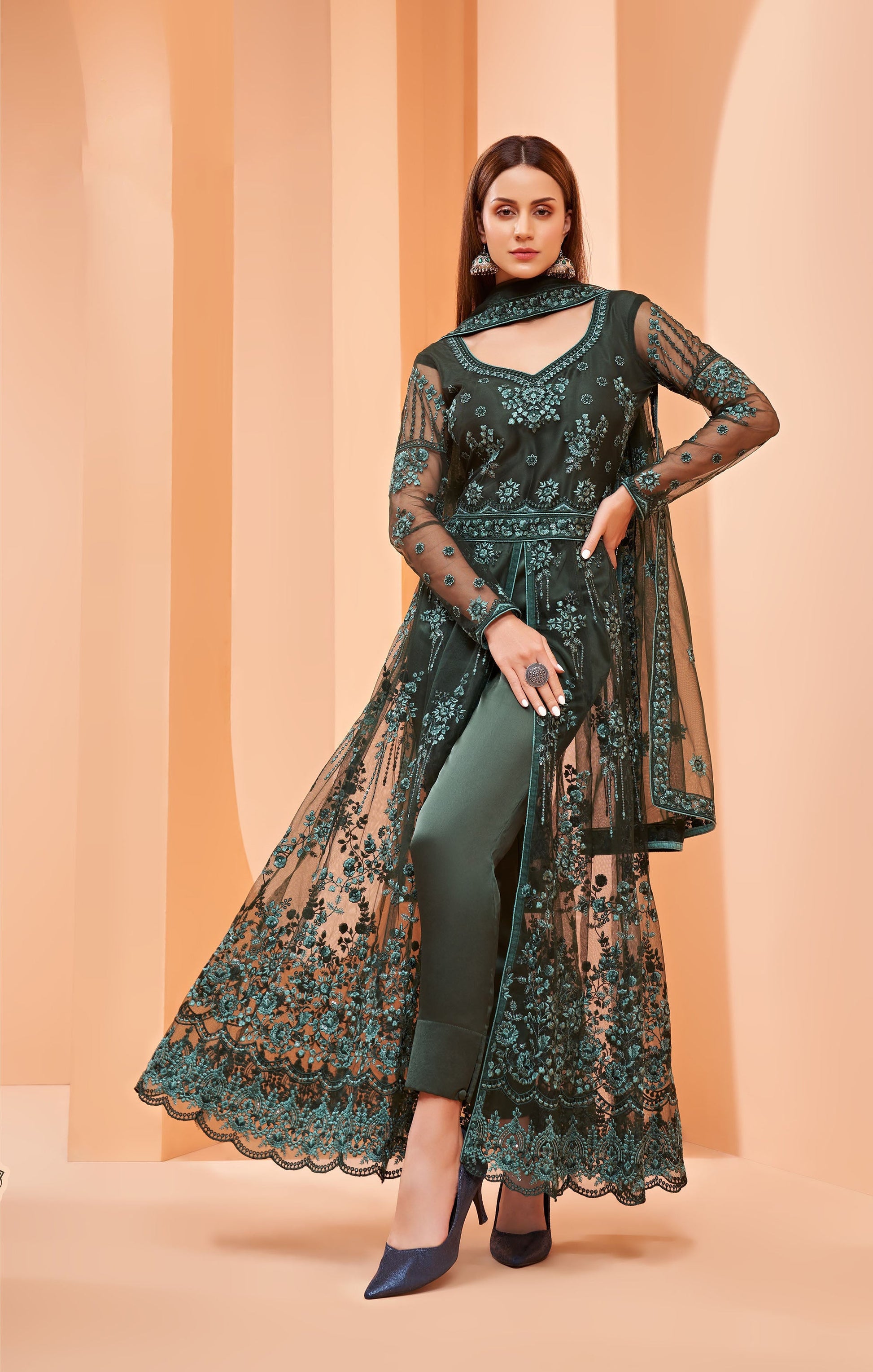 Dark Green Indo Western Net Embroidery Anarkali