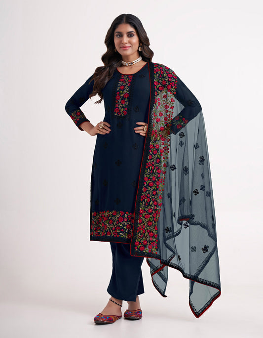 Blue Floral Embroidered Georgette Festive Kurta Set