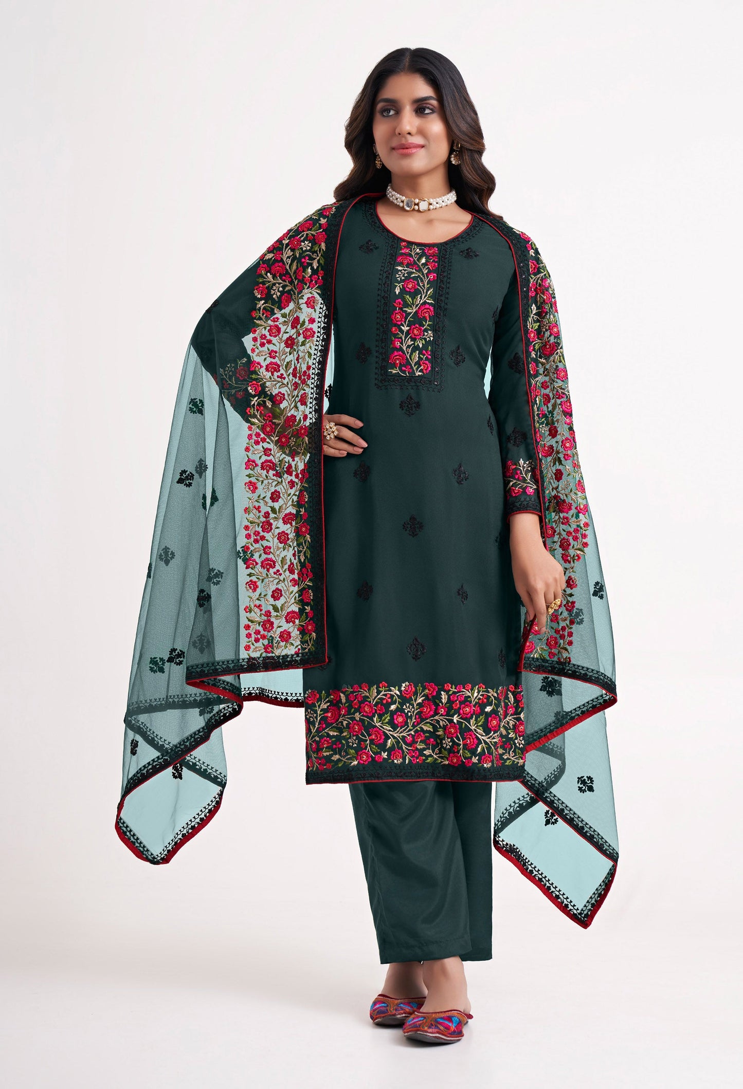 Green Floral Embroidered Georgette Festive Kurta Set