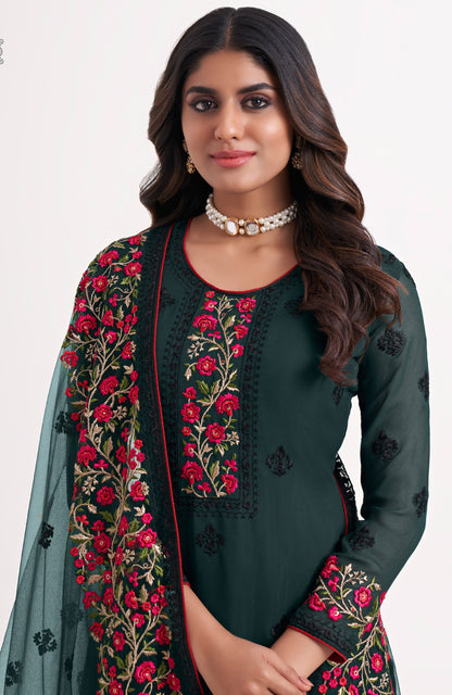 Green Floral Embroidered Georgette Festive Kurta Set