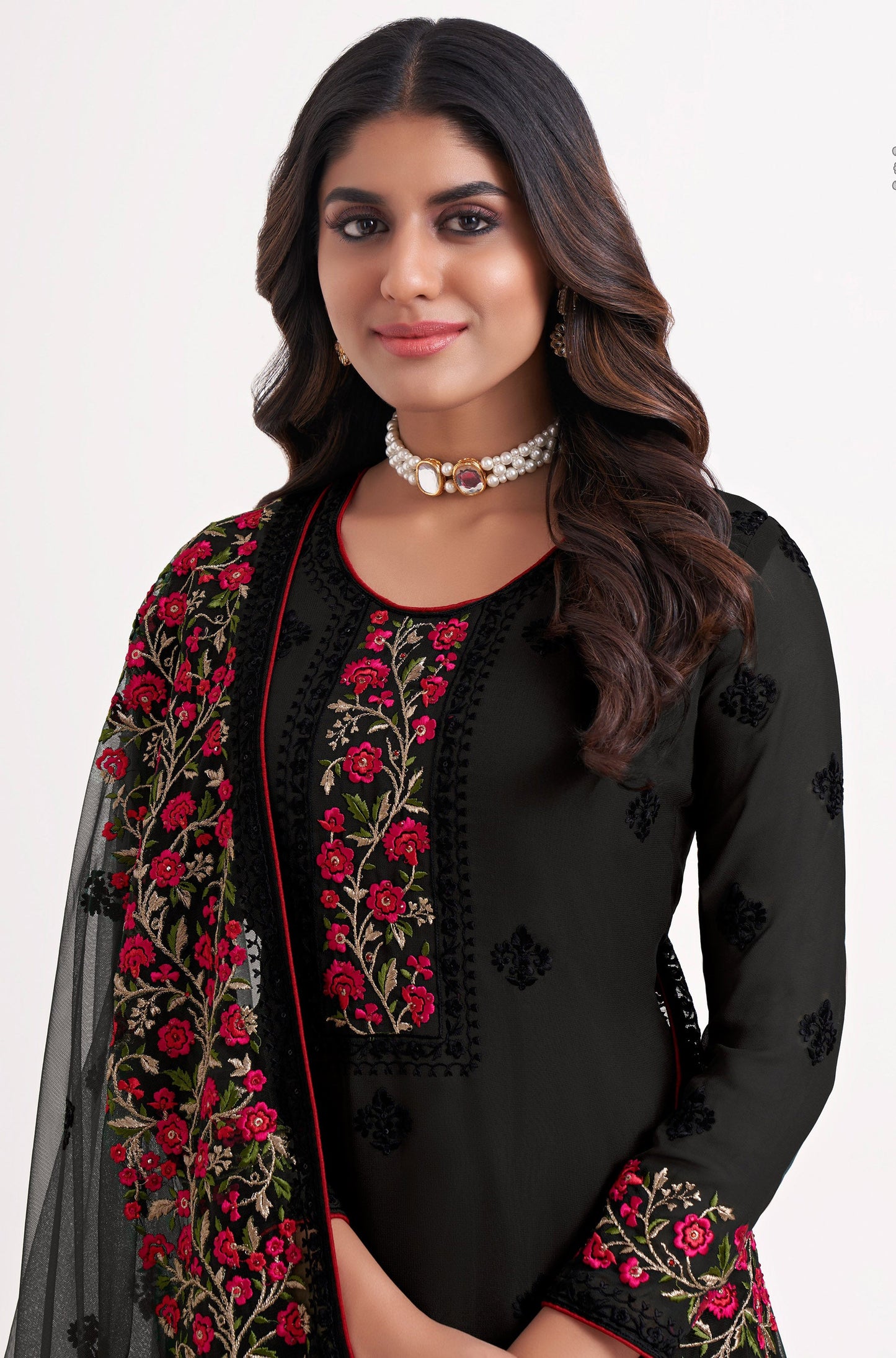 Black Floral Embroidered Georgette Festive Kurta Set