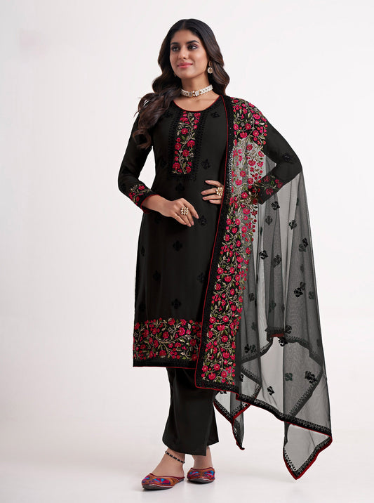 Black Floral Embroidered Georgette Festive Kurta Set