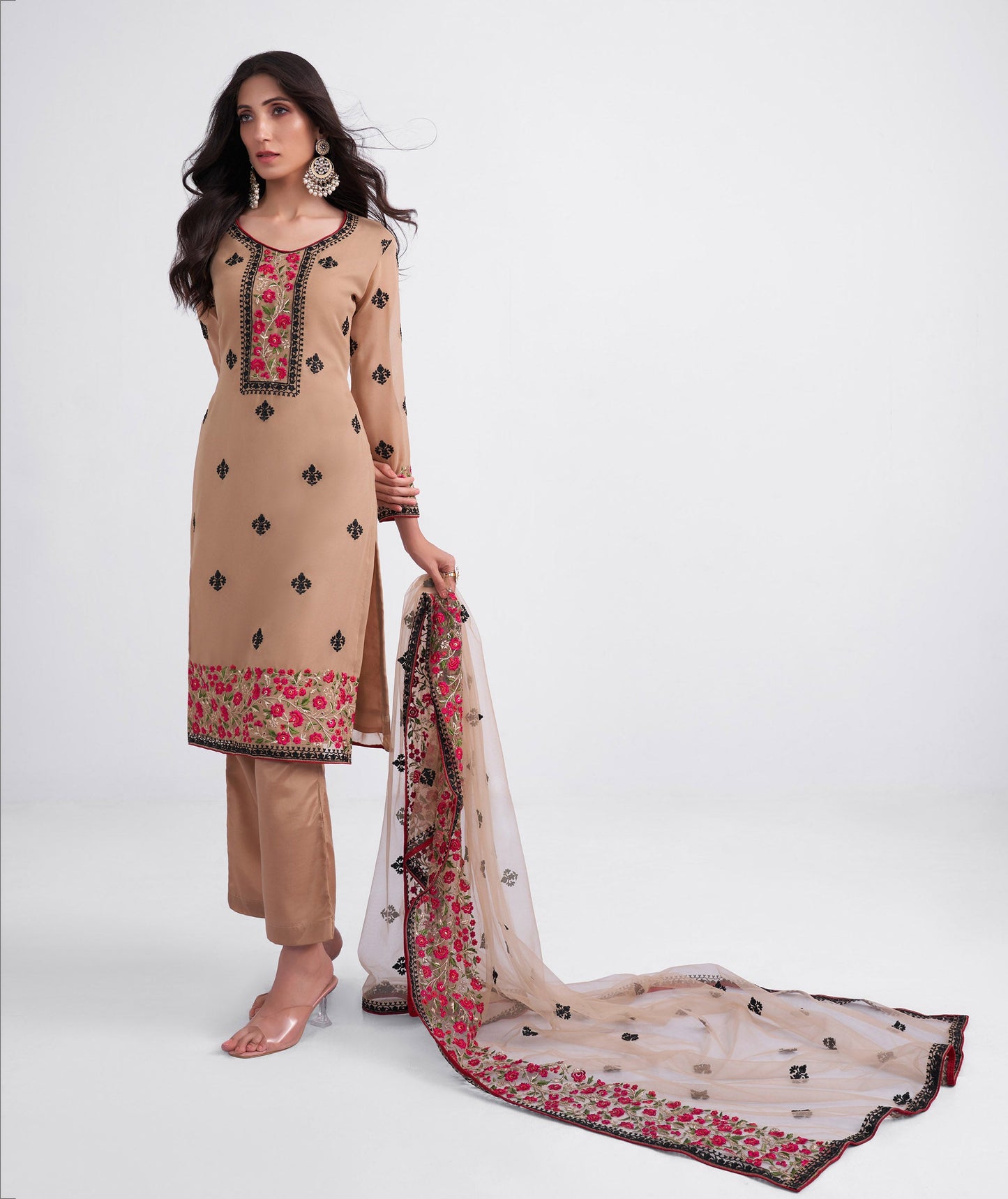 Light Brown Floral Embroidered Georgette Festive Kurta Set