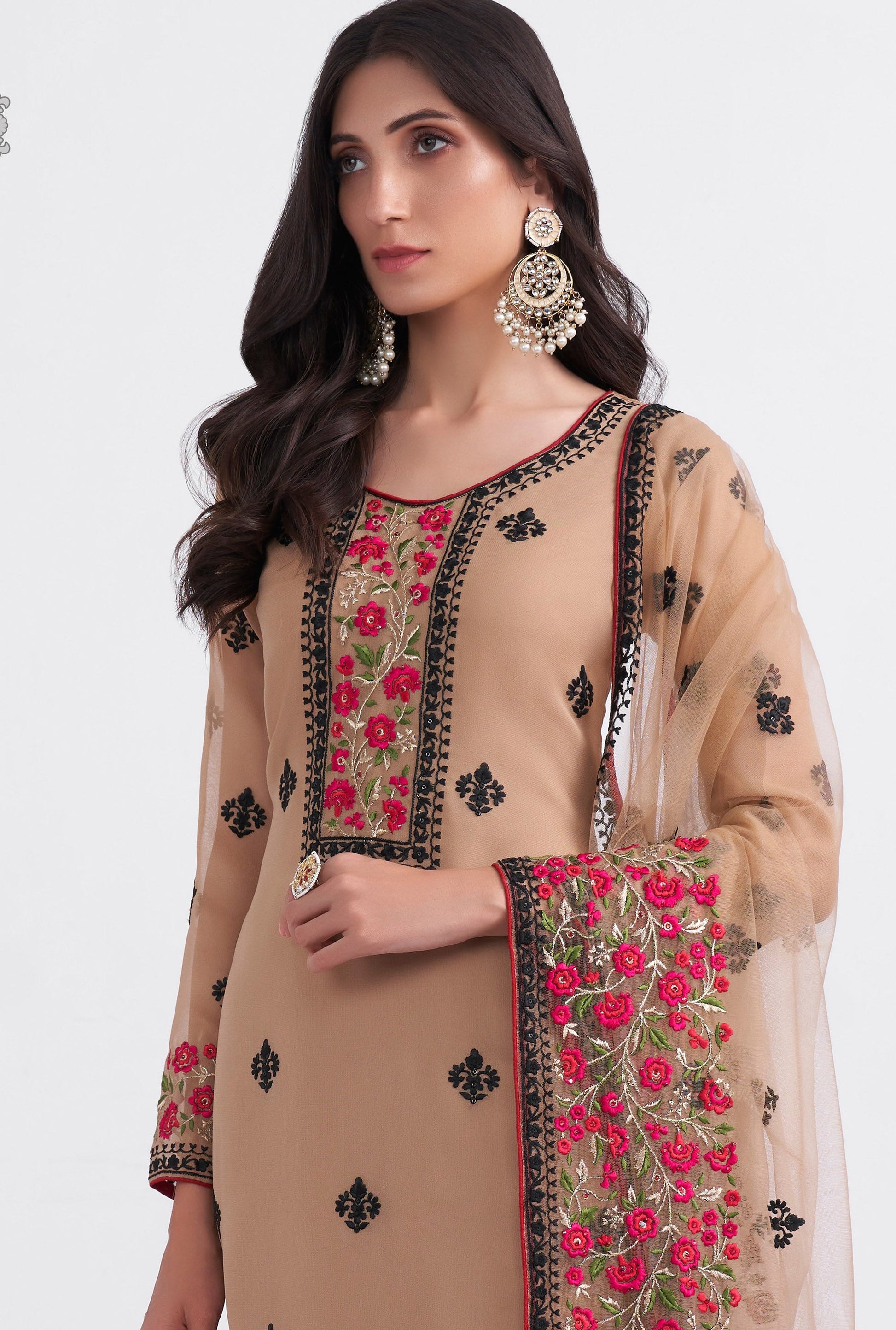 Light Brown Floral Embroidered Georgette Festive Kurta Set