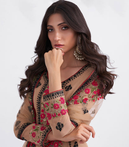 Light Brown Floral Embroidered Georgette Festive Kurta Set