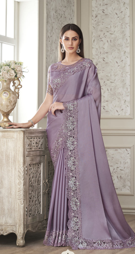 Light Purple Color Resham Embroidered Satin Silk Saree for Bridesmaid For Order