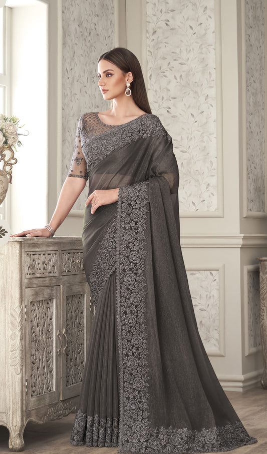 Grey Color Resham Embroidered Satin Silk Saree for Engagement for order
