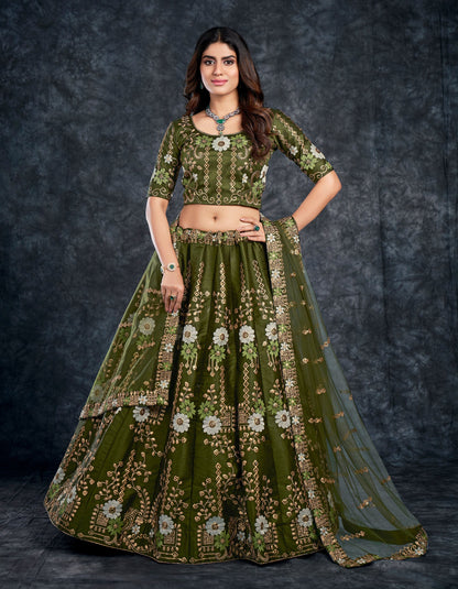 Dark Green Italian Silk Zari Embroidery Bridal Lehenga