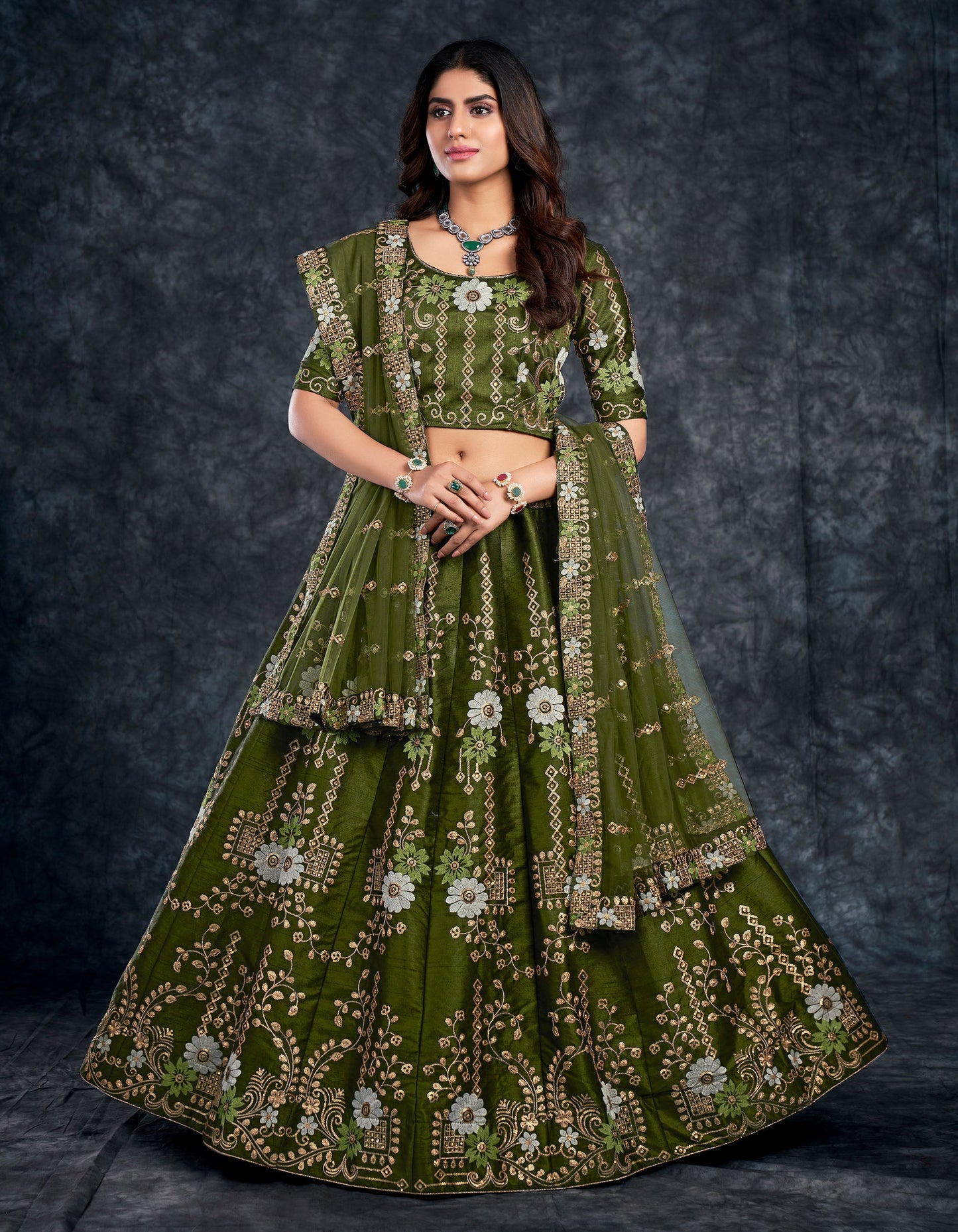 Dark Green Italian Silk Zari Embroidery Bridal Lehenga