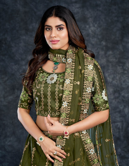 Dark Green Italian Silk Zari Embroidery Bridal Lehenga