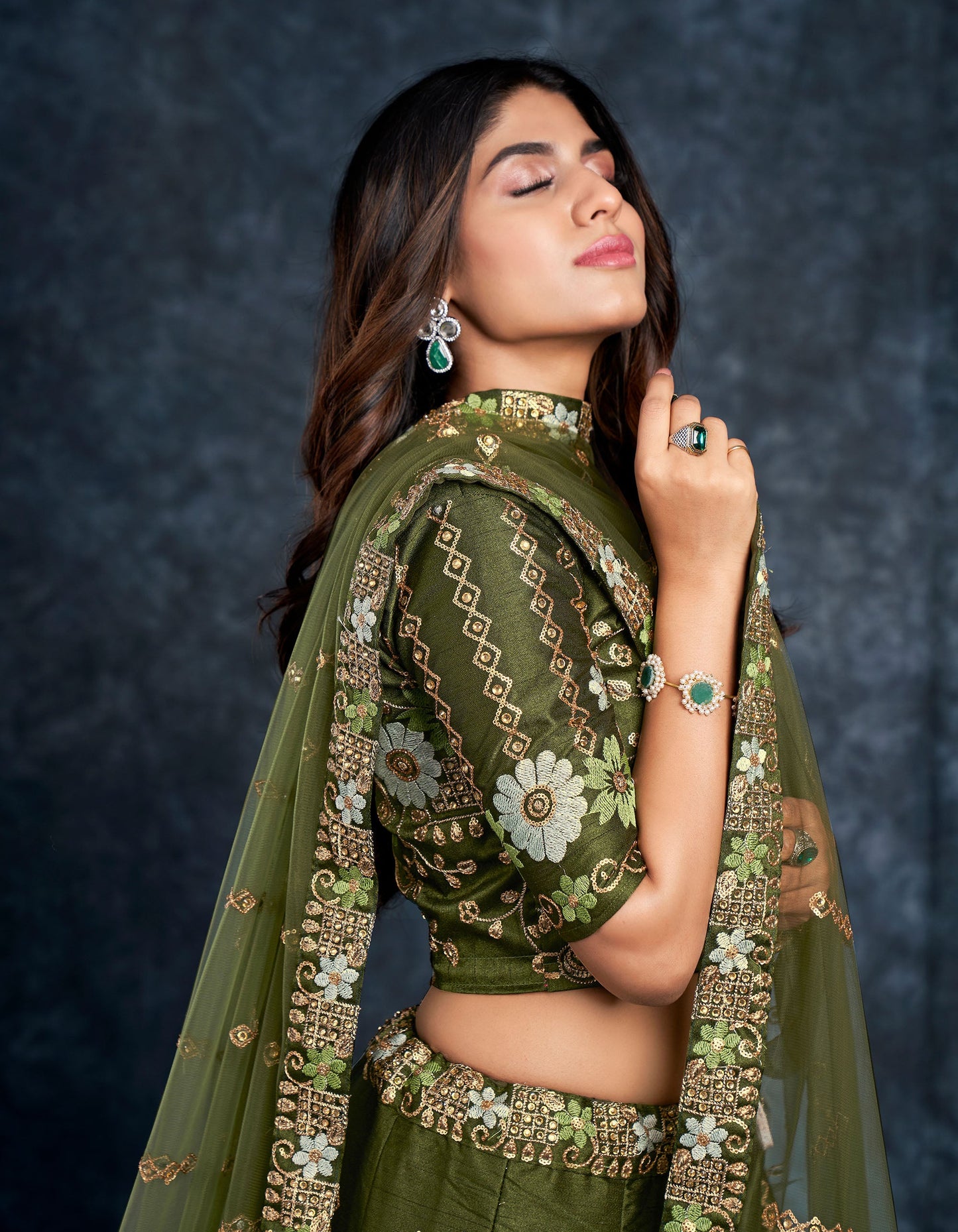 Dark Green Italian Silk Zari Embroidery Bridal Lehenga