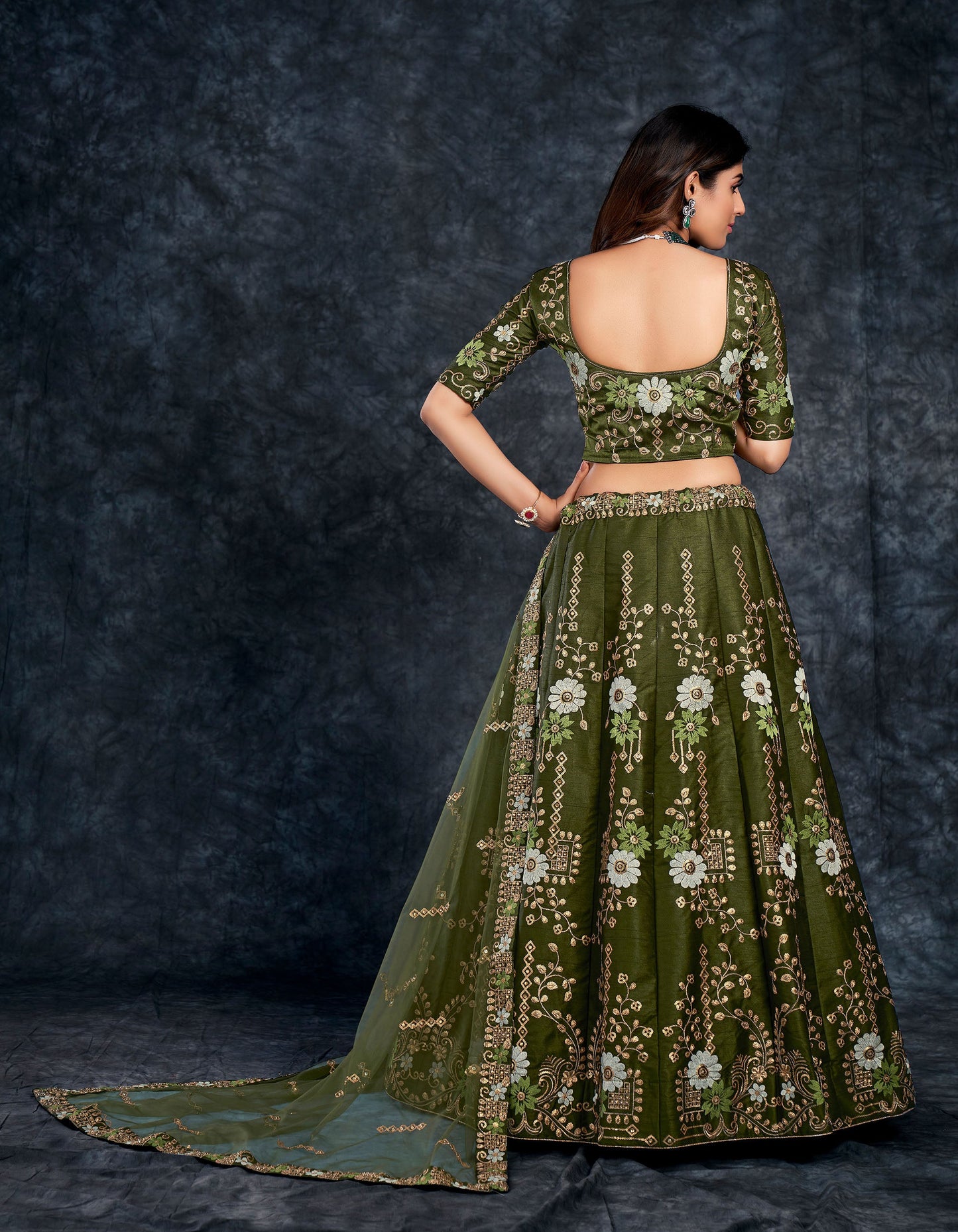 Dark Green Italian Silk Zari Embroidery Bridal Lehenga