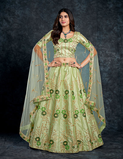 Pista Green Italian Silk Zari Embroidery Bridal Lehenga