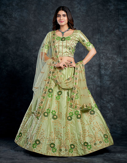 Pista Green Italian Silk Zari Embroidery Bridal Lehenga