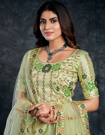 Pista Green Italian Silk Zari Embroidery Bridal Lehenga