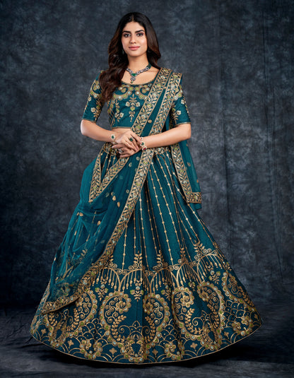 Navy Blue Italian Silk Zari Embroidery Bridal Lehenga