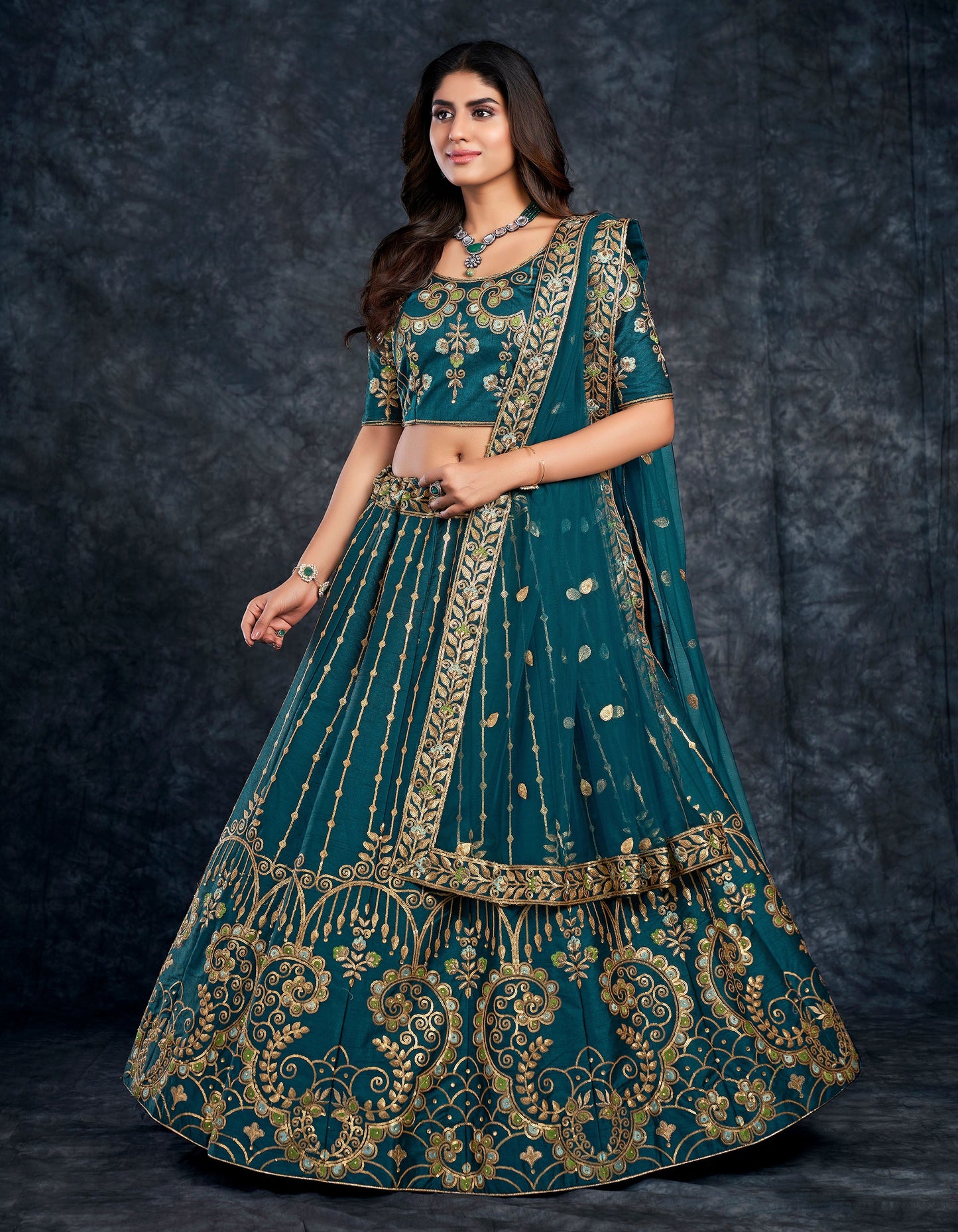 Navy Blue Italian Silk Zari Embroidery Bridal Lehenga