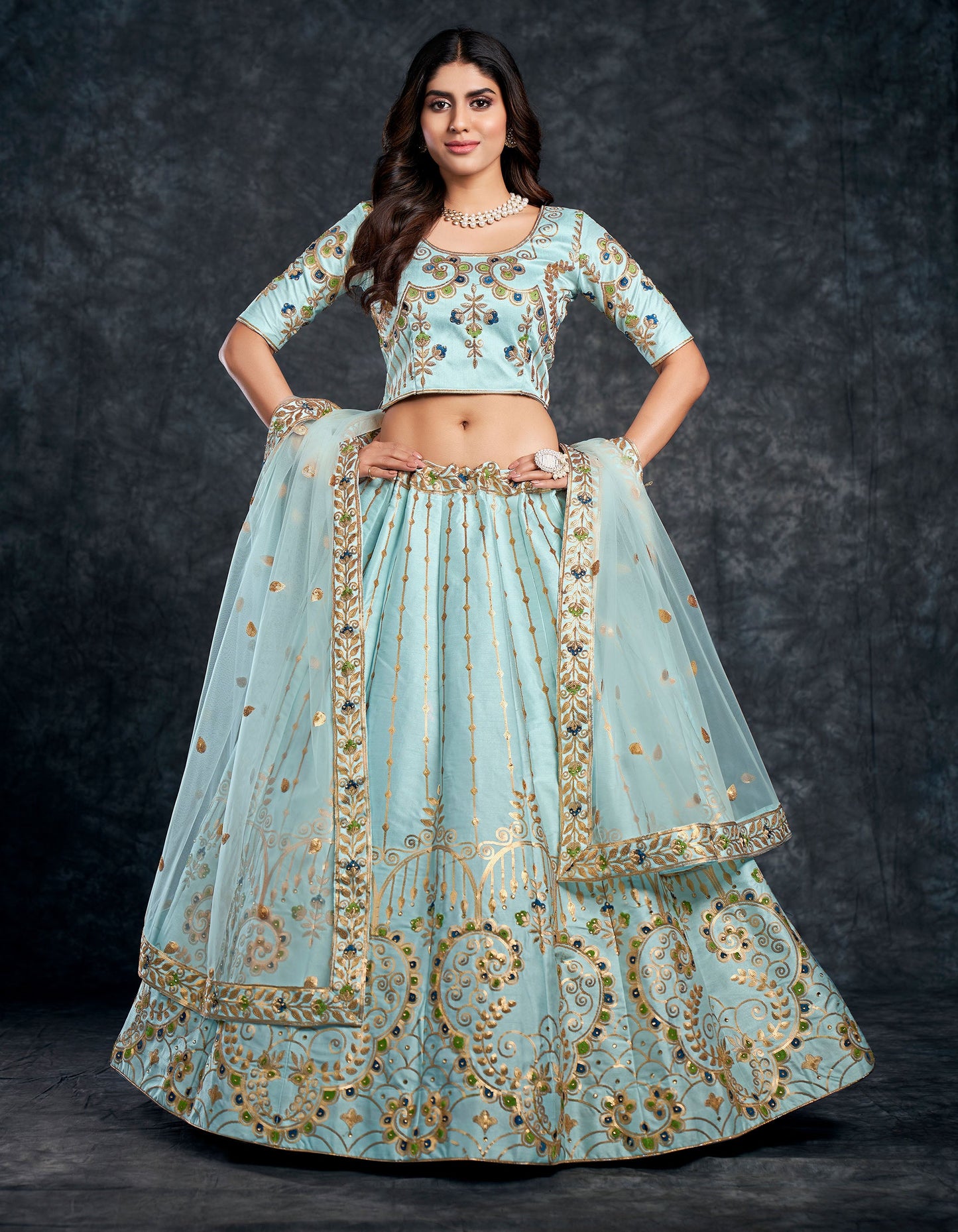 Sky Blue Italian Silk Zari Embroidery Bridal Lehenga