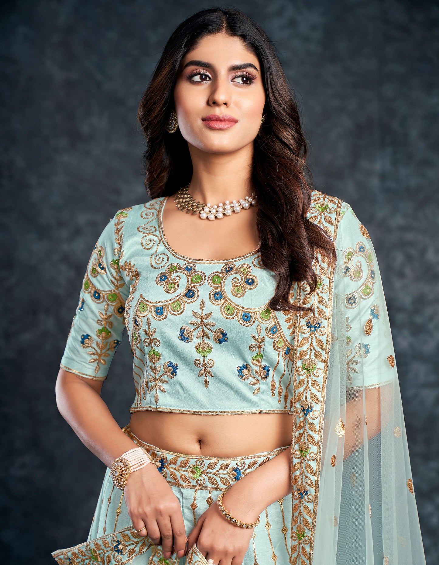 Sky Blue Italian Silk Zari Embroidery Bridal Lehenga