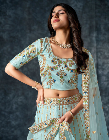 Sky Blue Italian Silk Zari Embroidery Bridal Lehenga