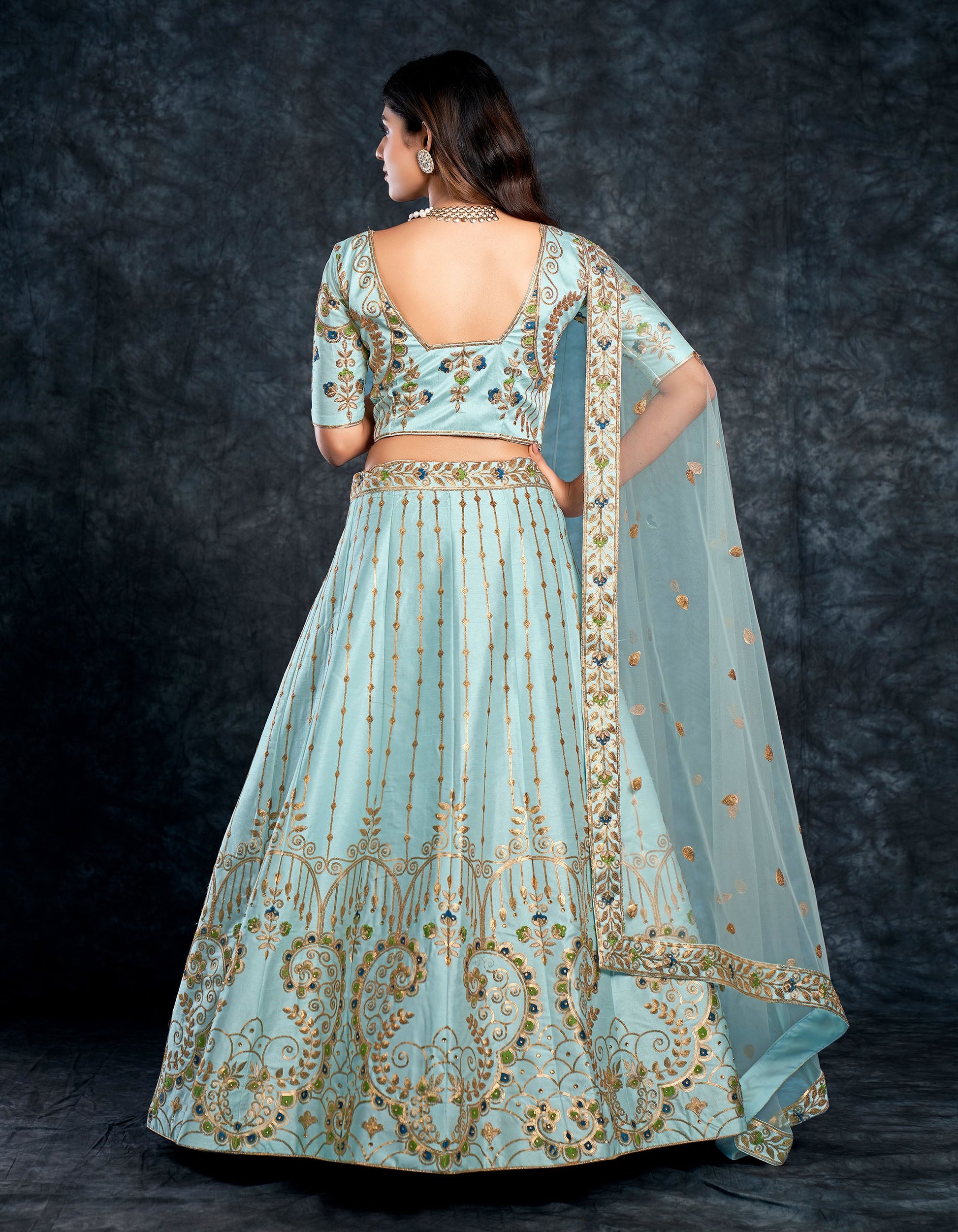 Sky Blue Italian Silk Zari Embroidery Bridal Lehenga