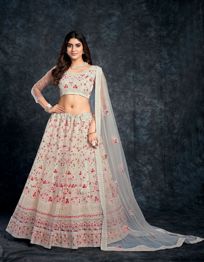 White Italian Silk Zari Embroidery Bridal Lehenga