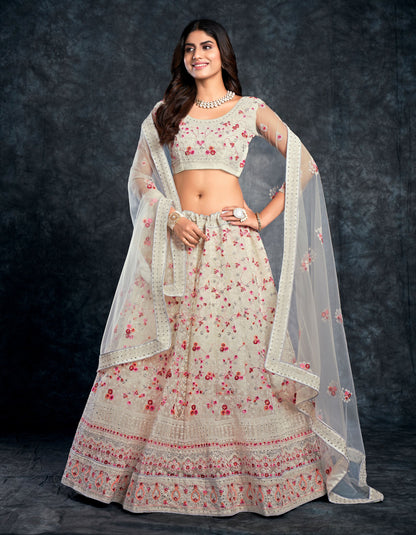 White Italian Silk Zari Embroidery Bridal Lehenga