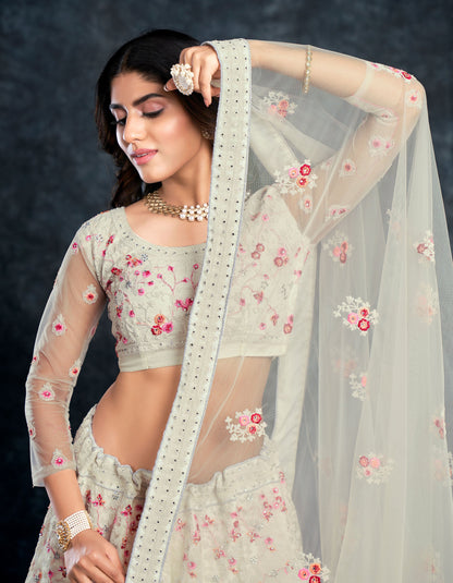 White Italian Silk Zari Embroidery Bridal Lehenga