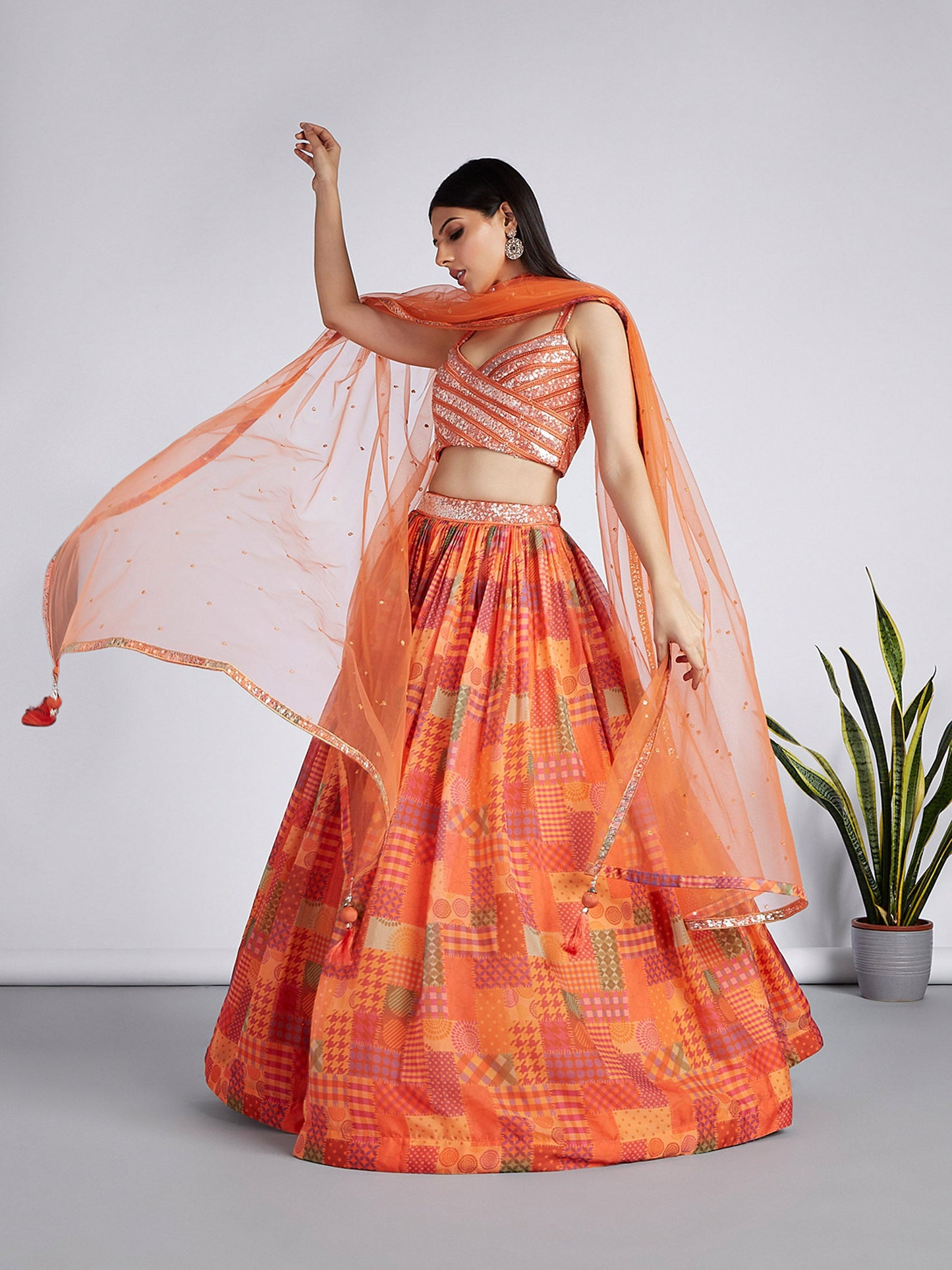 Orange colour Organza Treditional design digital print Lehenga