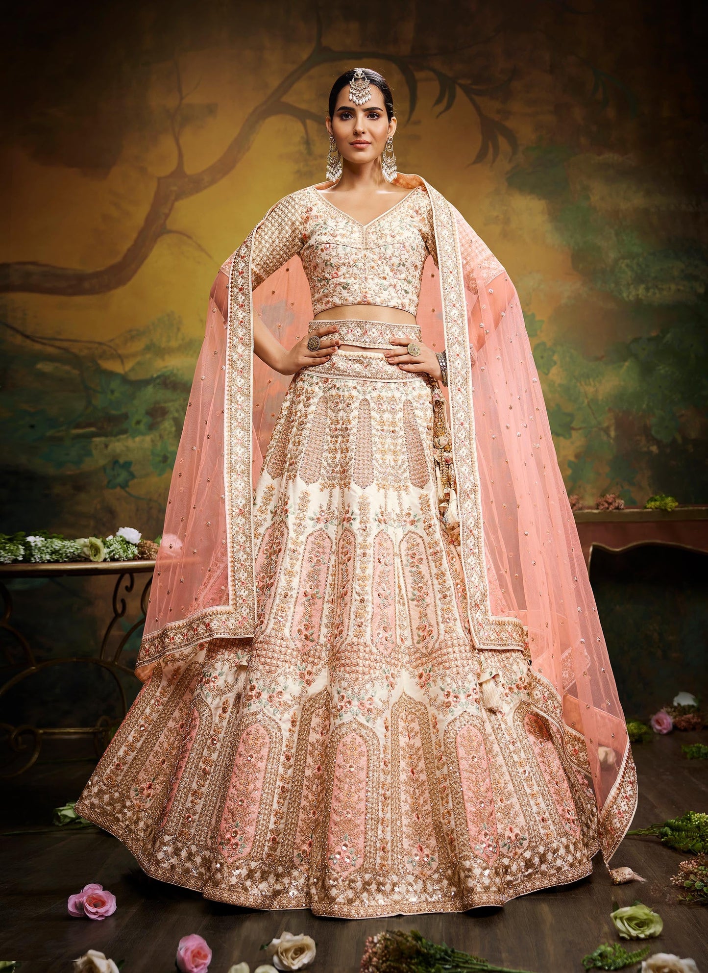 Off White Pure Silk Moti & Zarkan heavy embroidery Lehenga