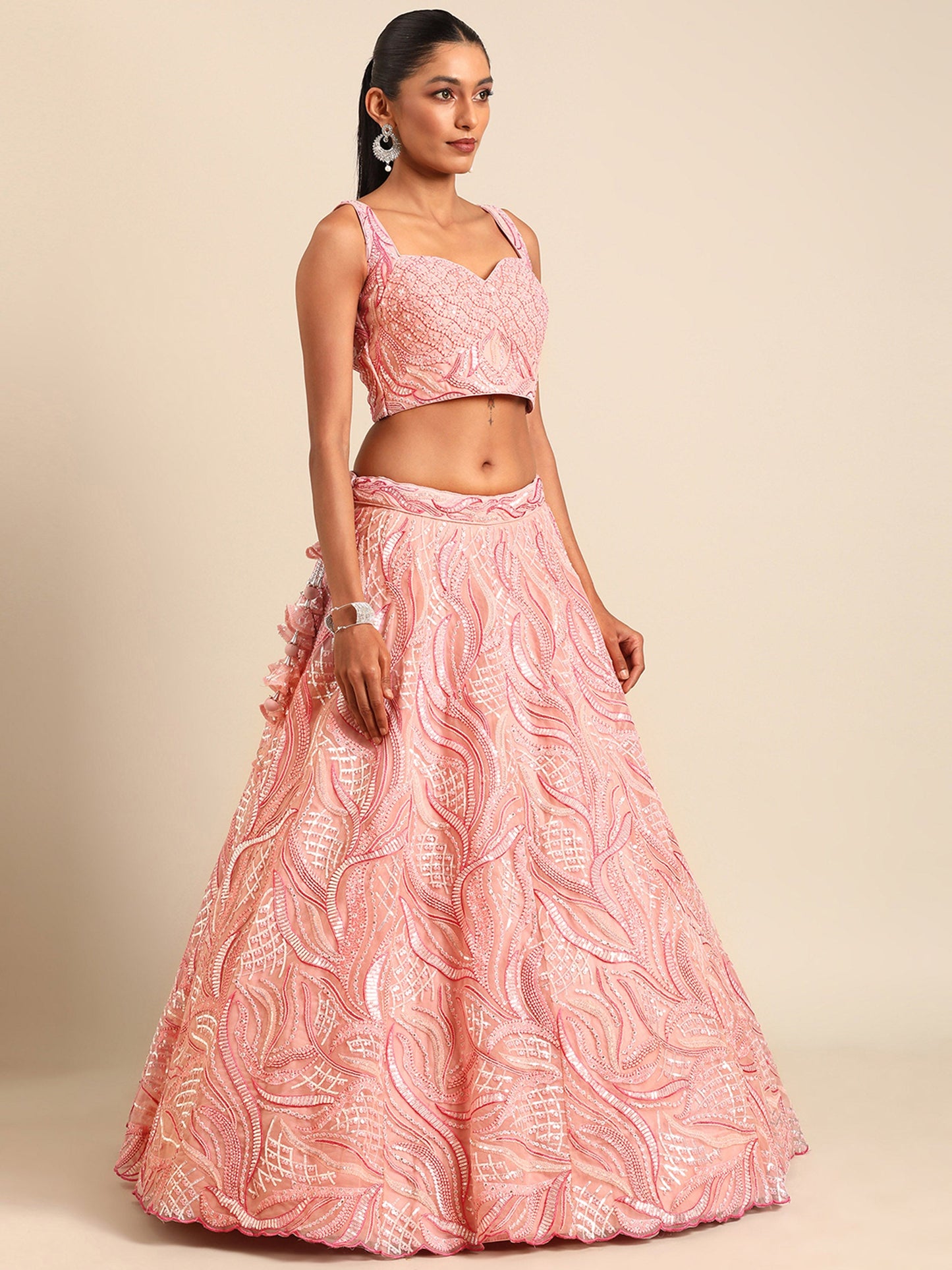 Coral Pink Net Sequins and Zarkan embroidery Lehenga