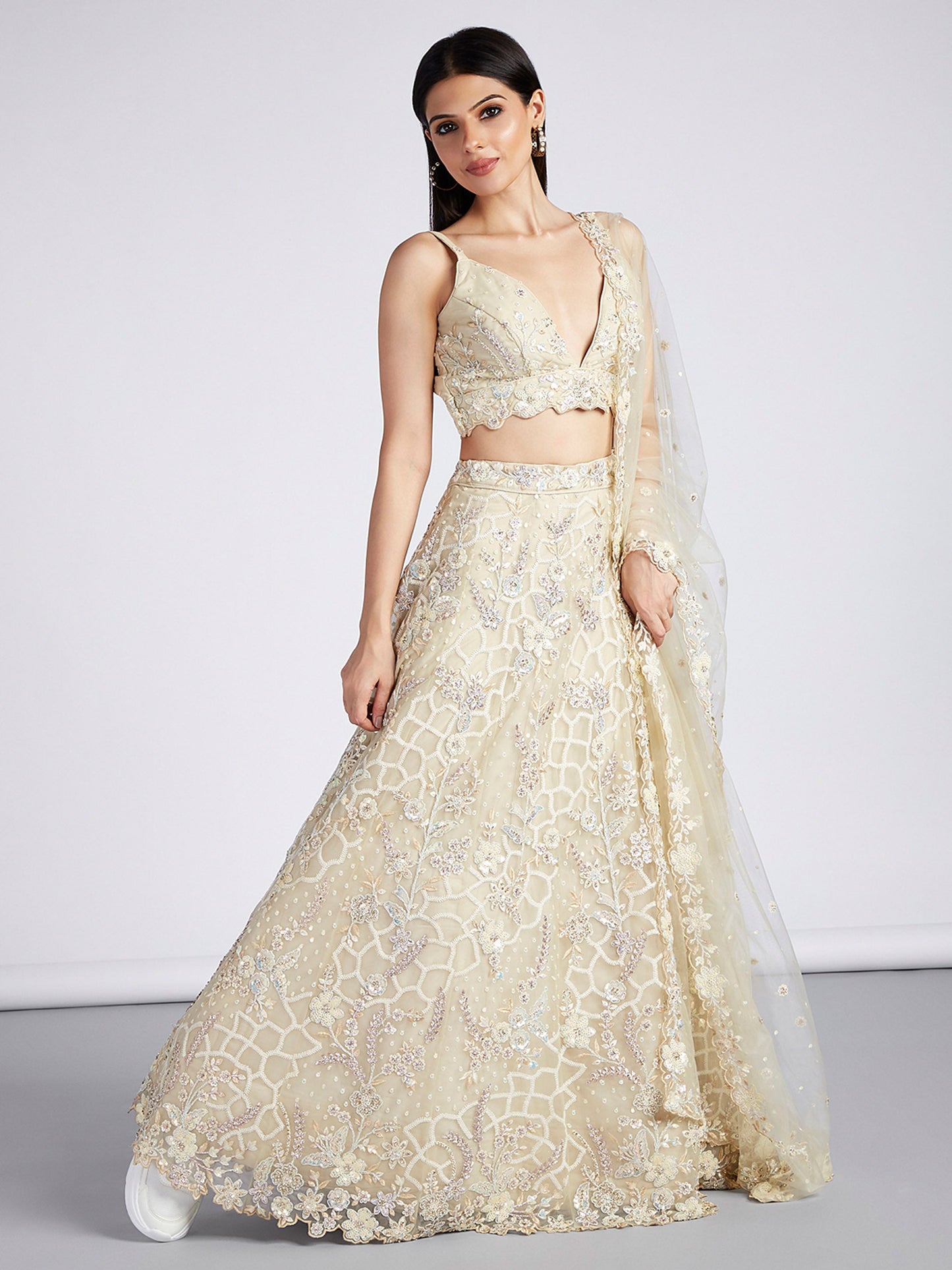 Cream Net Sequins & Zarkan Work Lehenga