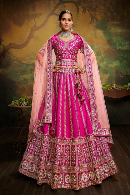 Pink Pure Silk Moti & Zarkan heavy embroidery Lehenga