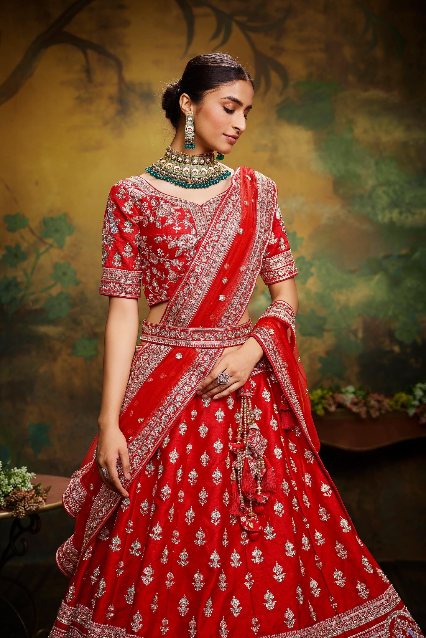 Red Pure Silk Moti & Zarkan heavy embroidery Lehenga