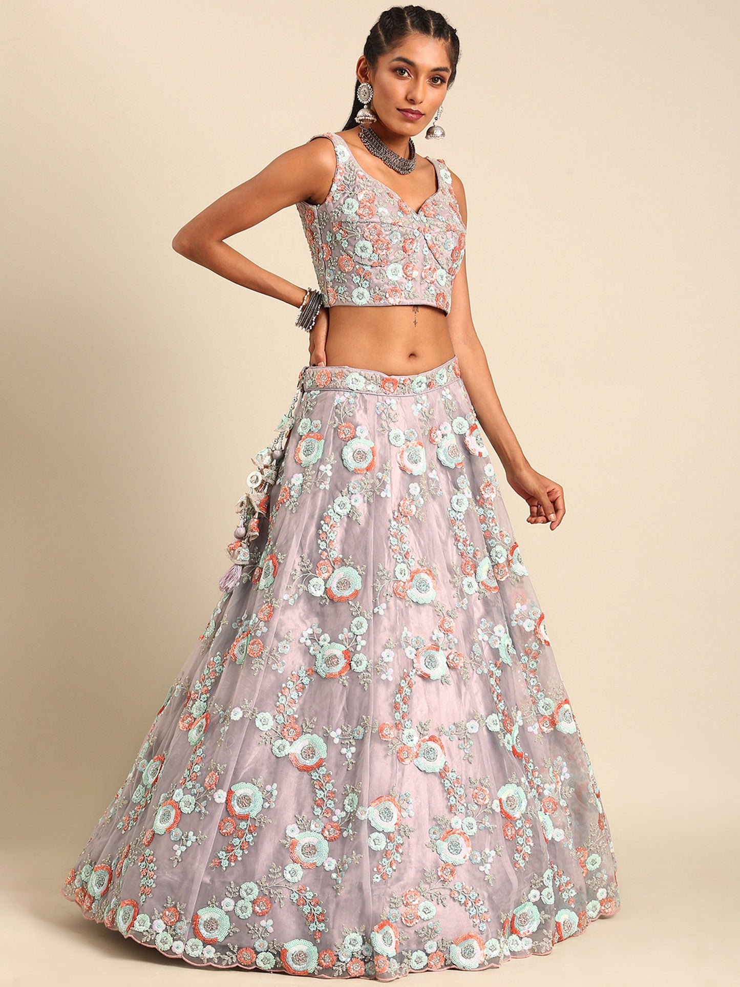 Mauve Net Sequins & Zarkan embroidery Lehenga