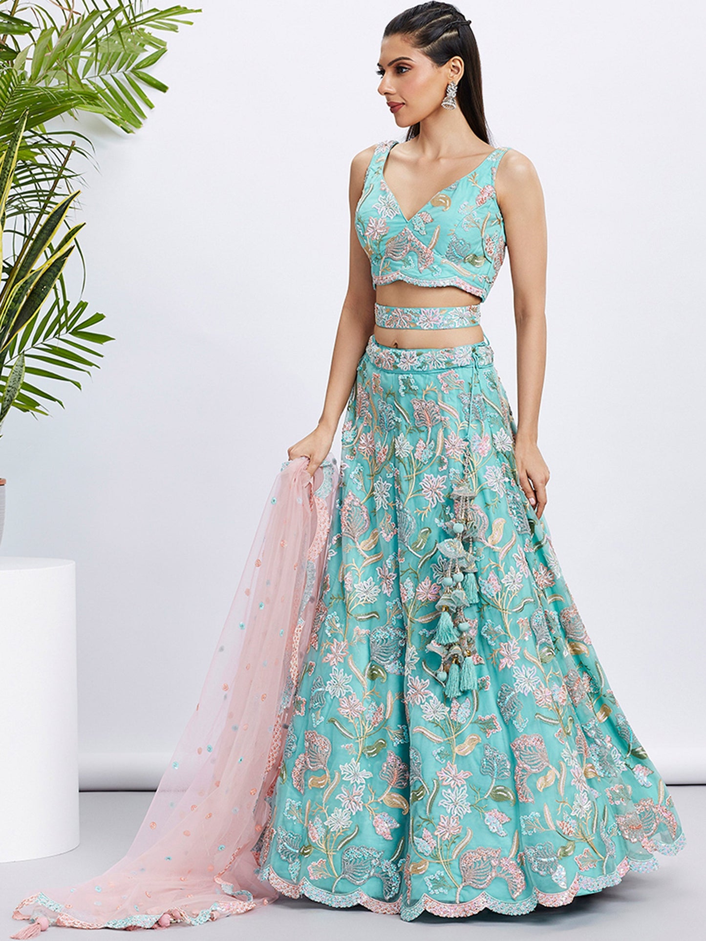 Turquoise blue Net Sequins and thread embroidery Lehenga