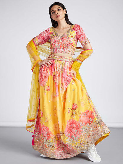 Yellow colour Organza Floral design digital print Lehenga choli