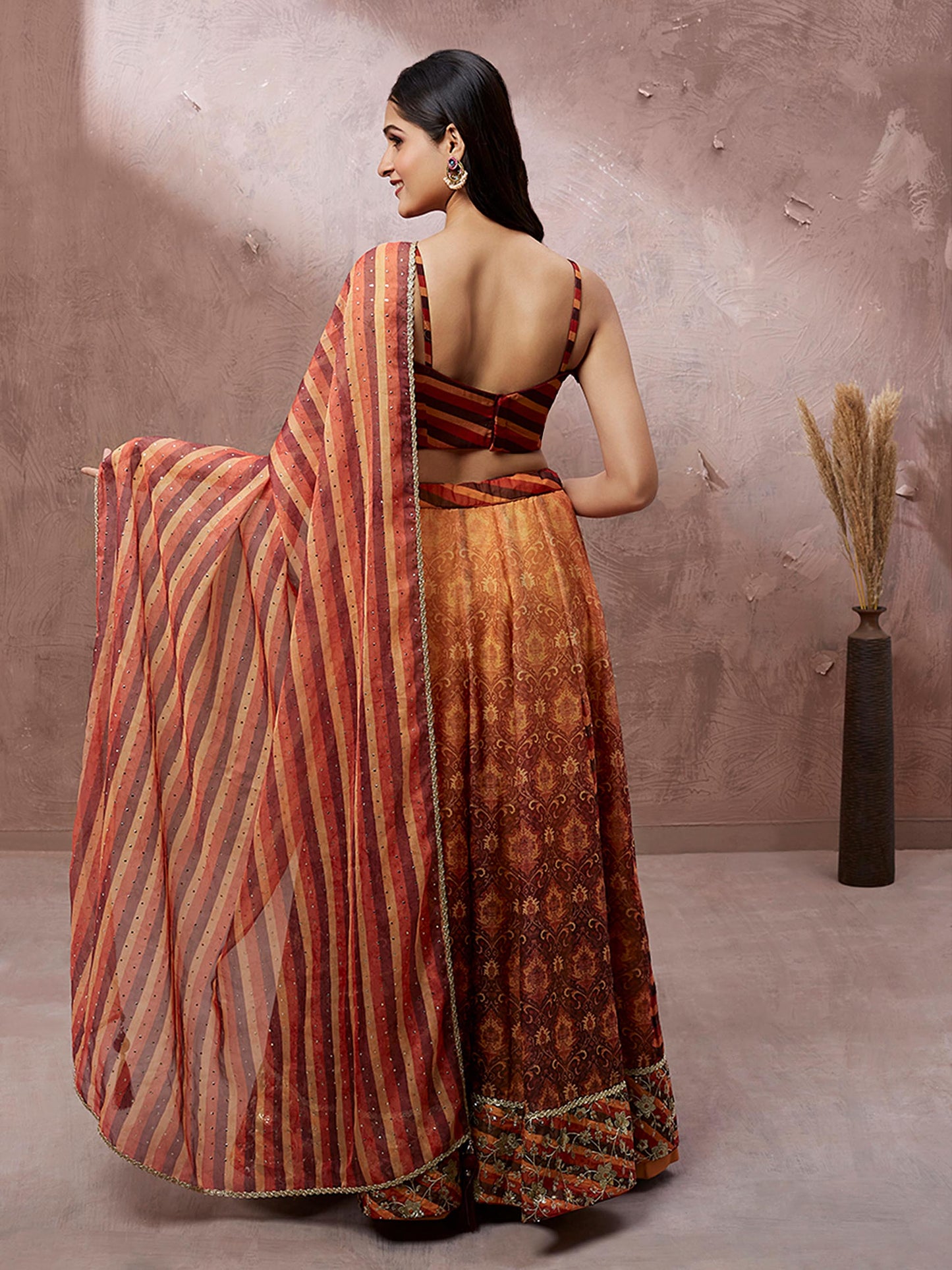 Brown Organza Floral Print and sequinse work Lehenga