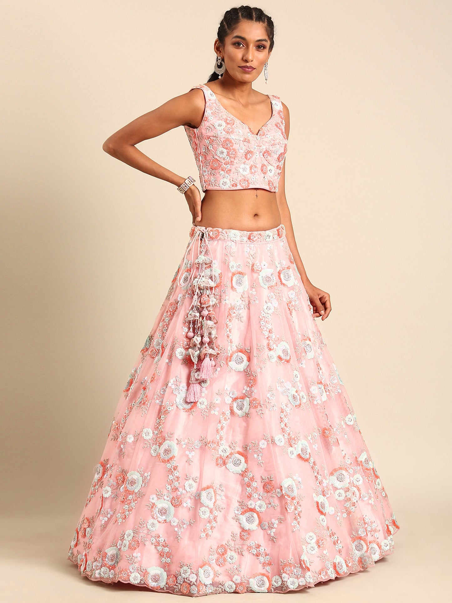 Pink Net Sequins and Zarkan embroidery Lehenga