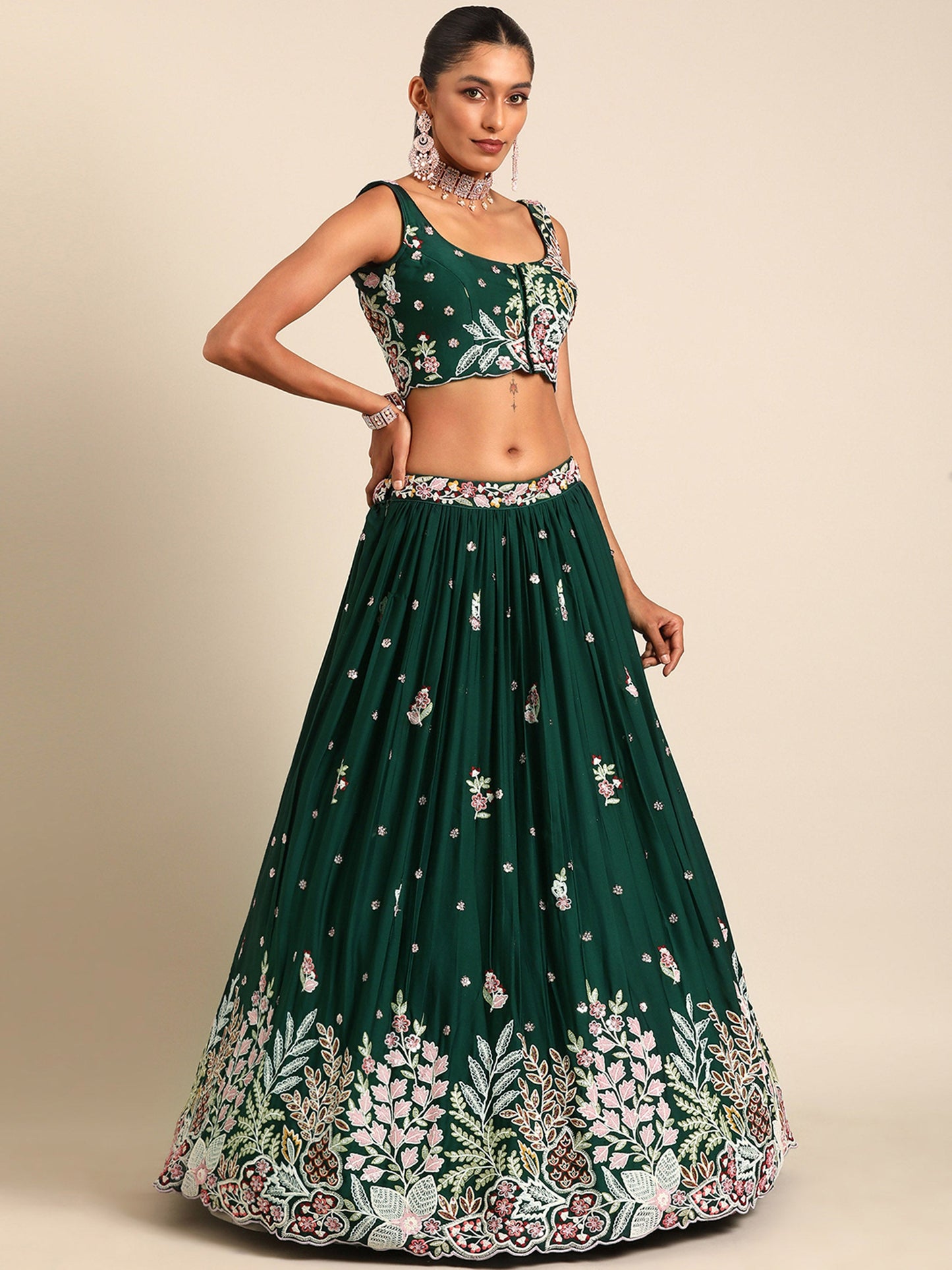 Green Georgette Sequins and thread embroidery Lehenga