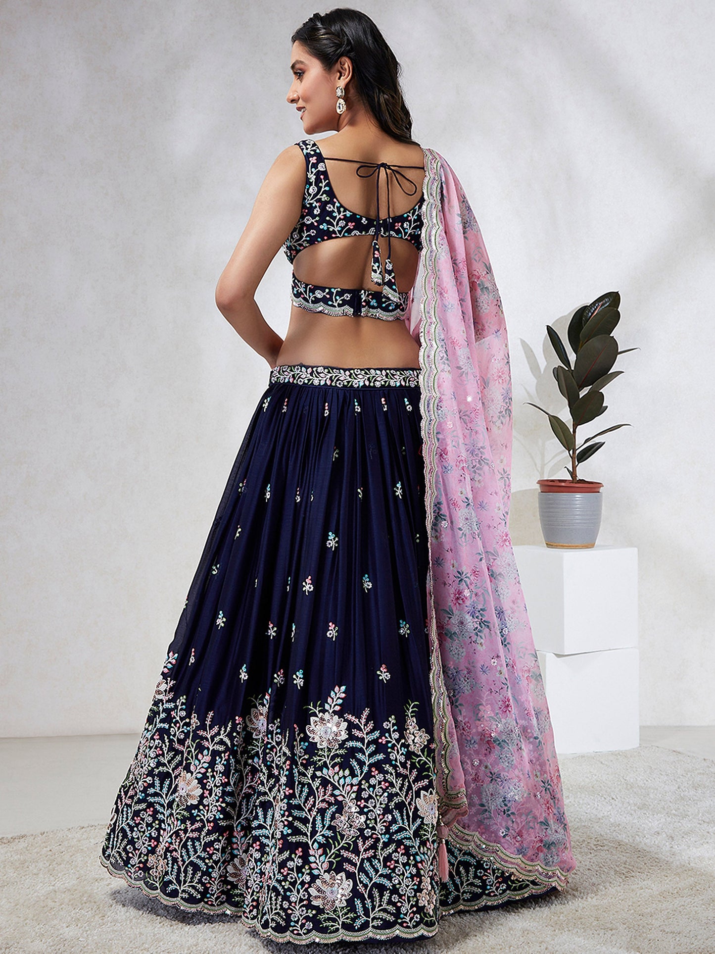 Navy Blue Georgette Sequins, Mirror and thread embroidery Lehenga