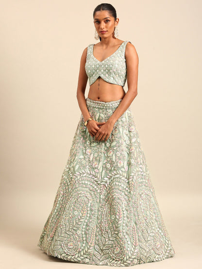 Sea Green Net Multi Zarkan embroidery Lehenga