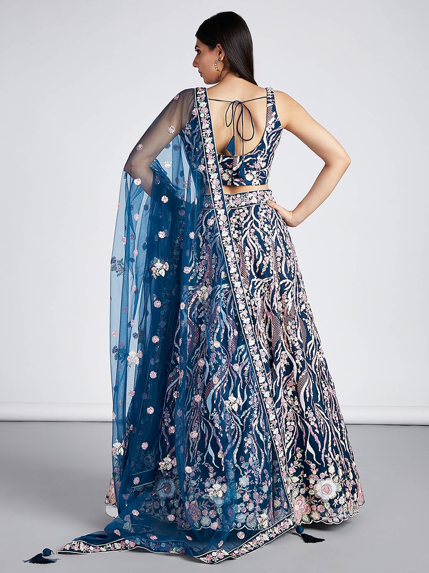 Navy blue Net Sequins and thread embroidery Lehenga choli & Dupatta