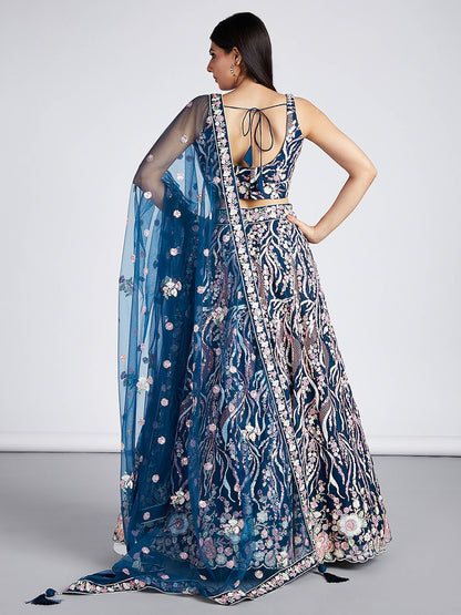 Navy blue Net Sequins and thread embroidery Lehenga choli & Dupatta