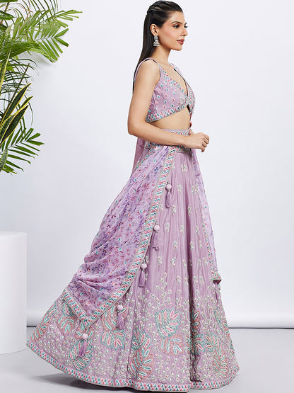 Lavender Pure Chiffon Sequins and thread embroidery Lehenga