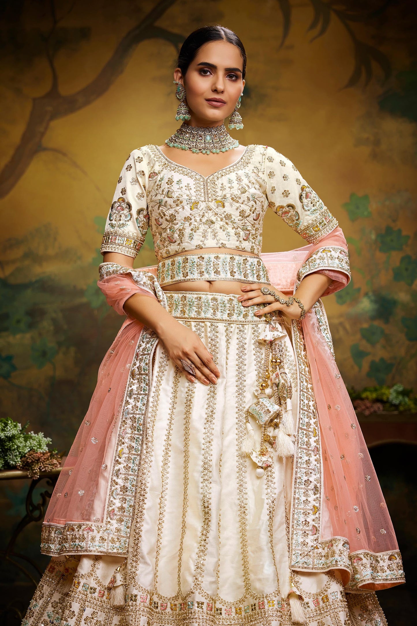 Off White Pure Silk Moti & Zarkan heavy embroidery Lehenga