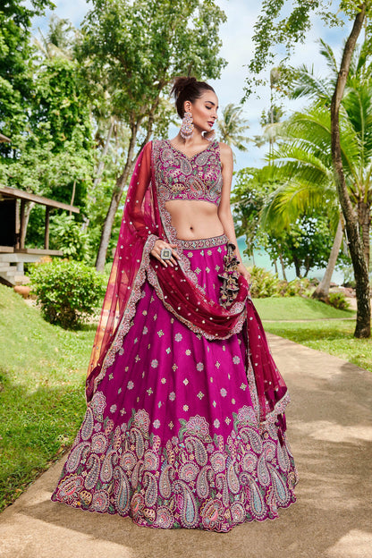 Burgundy Satin Silk Sequins and Zarkan embroidery Lehenga