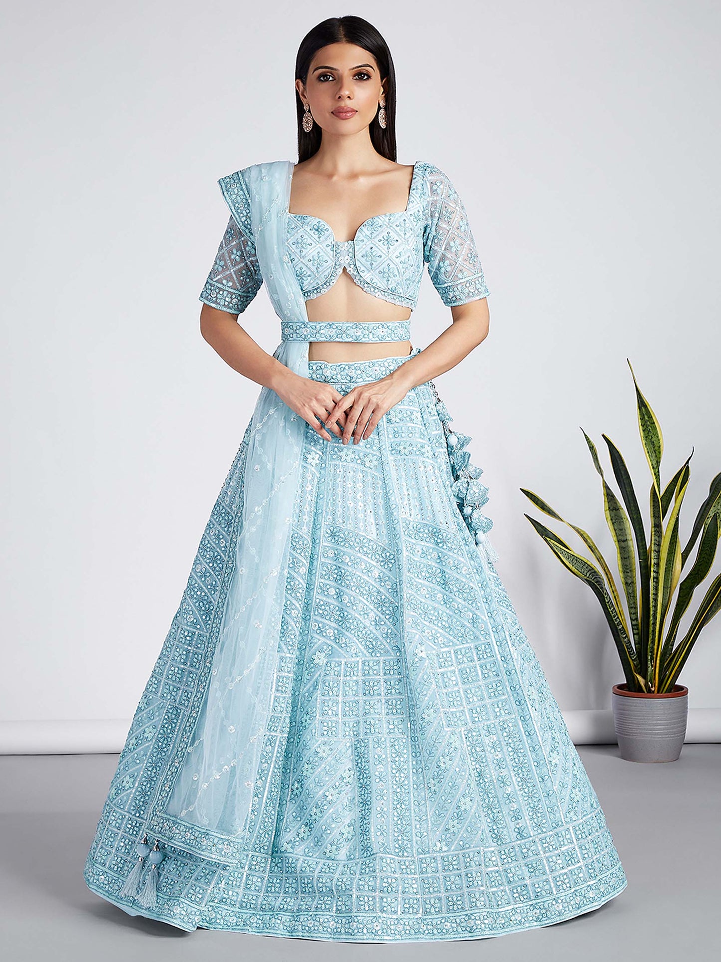 Turquoise blue Net Sequins, Zarkan and thread embroidery Lehenga