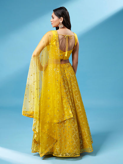 Mustard Net Sequinse Work Lehenga